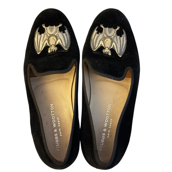 Stubbs &‎ Wooten Black Linen Velvet Loafers Bat Slippers Size 9.5
